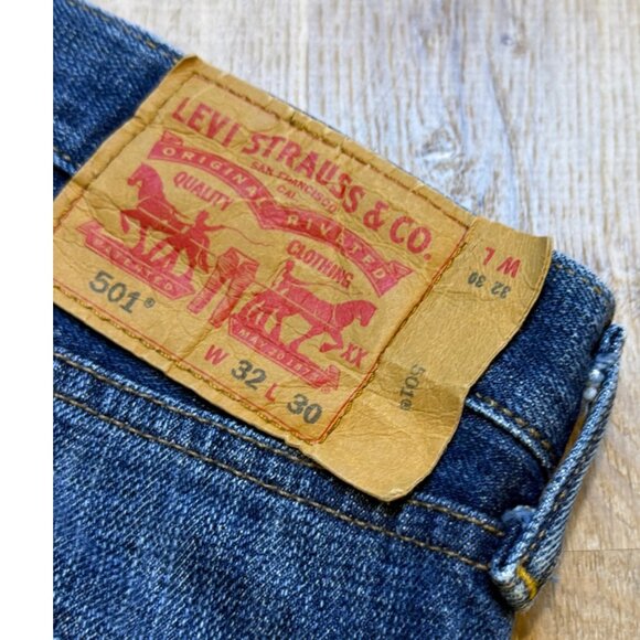 Levis 501 Mens Straight Fit Button-Fly Jeans 32x30 Blue Denim - Picture 5 of 9